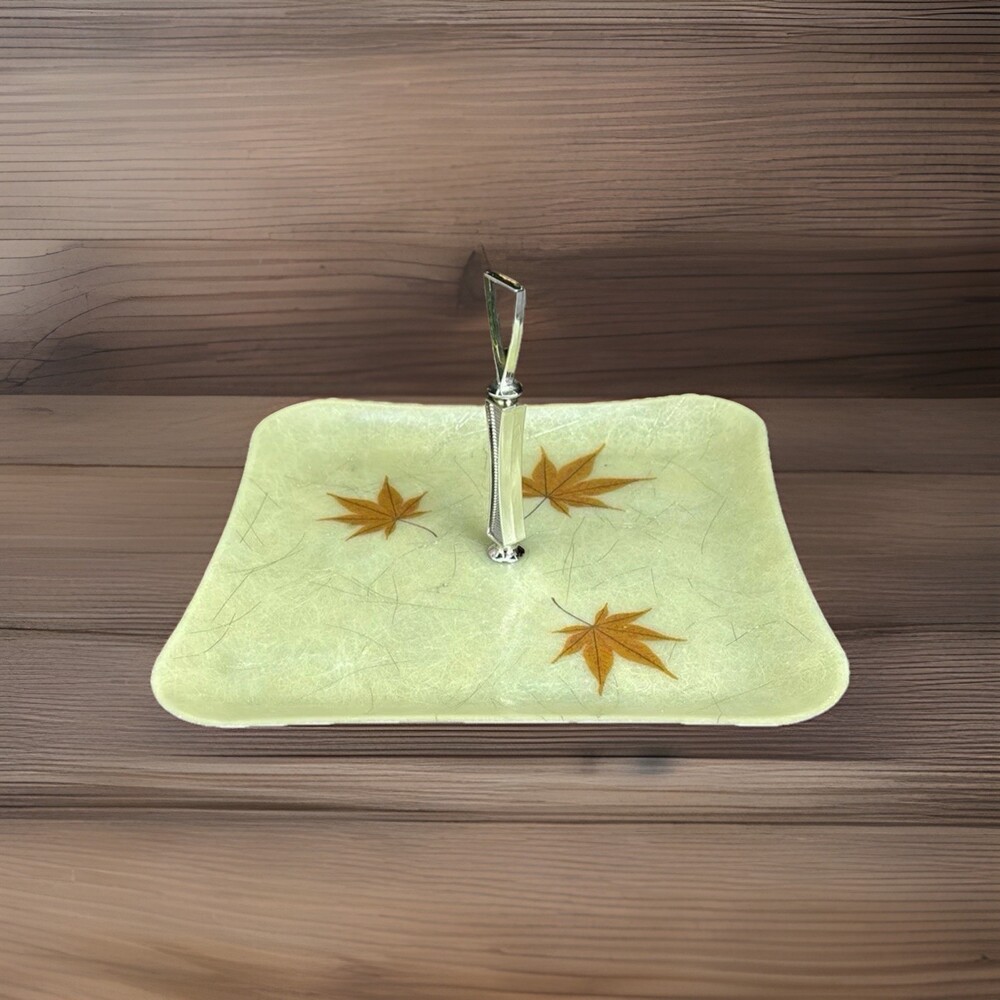ATOMIC Mid Century 11 inch Single Tier Server Tray Vintage RETRO Leaves & Silver